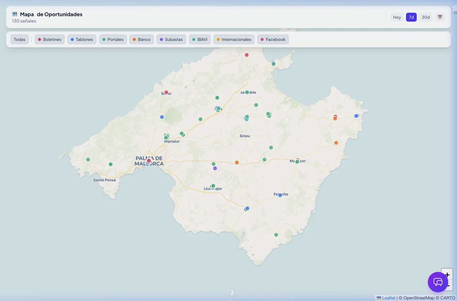 Mapa con pins de oportunidades
