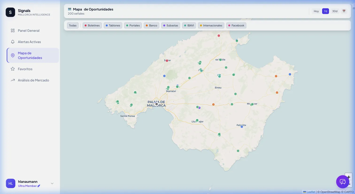 Mapa de Oportunidades con señales geolocalizadas en toda Mallorca